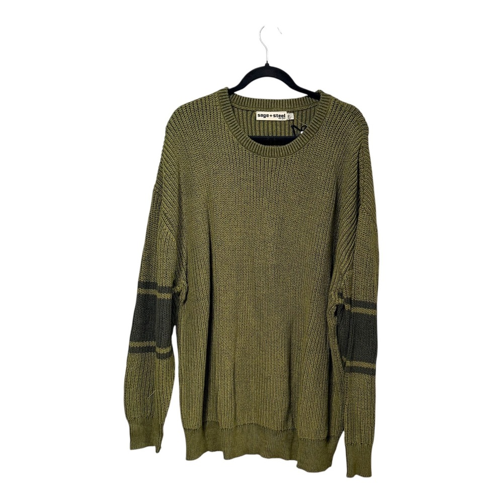 Sage + Steel Mens XXL Shaker Knit Sweater Olive Green Striped Sleeve Crewneck - Picture 3 of 7